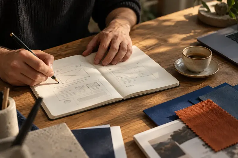Hænder der skitserer en hjemmeside i en notesbog ved siden af en kop kaffe og stofprøver