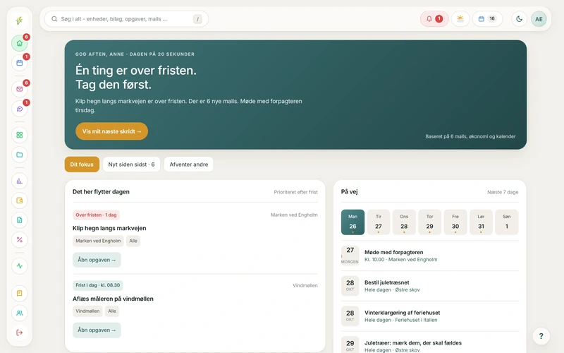 Hjem-siden med dagens fokus, en opgave over fristen og ugens kommende opgaver