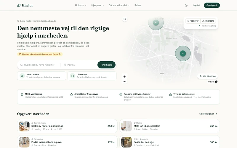 The front page of Hjælpr with search, a map of tasks and trust points