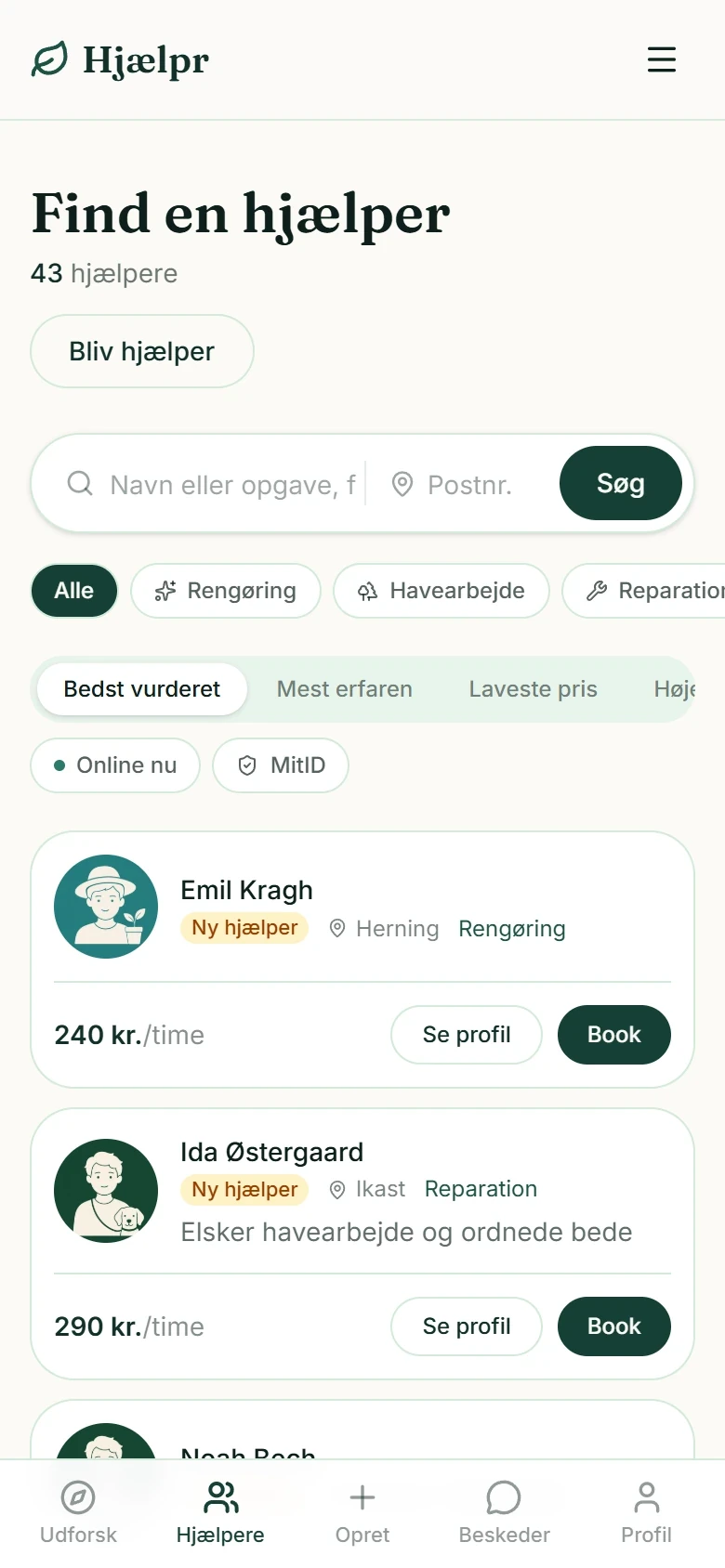 Hjælpere på en mobil med timepris og bookingknap