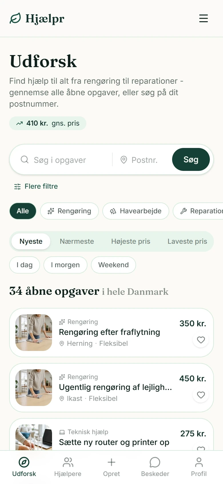 Udforsk-siden på en mobil med bundmenu
