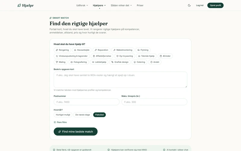 Smart Match-formularen med kategorier, beskrivelse, postnummer og timepris
