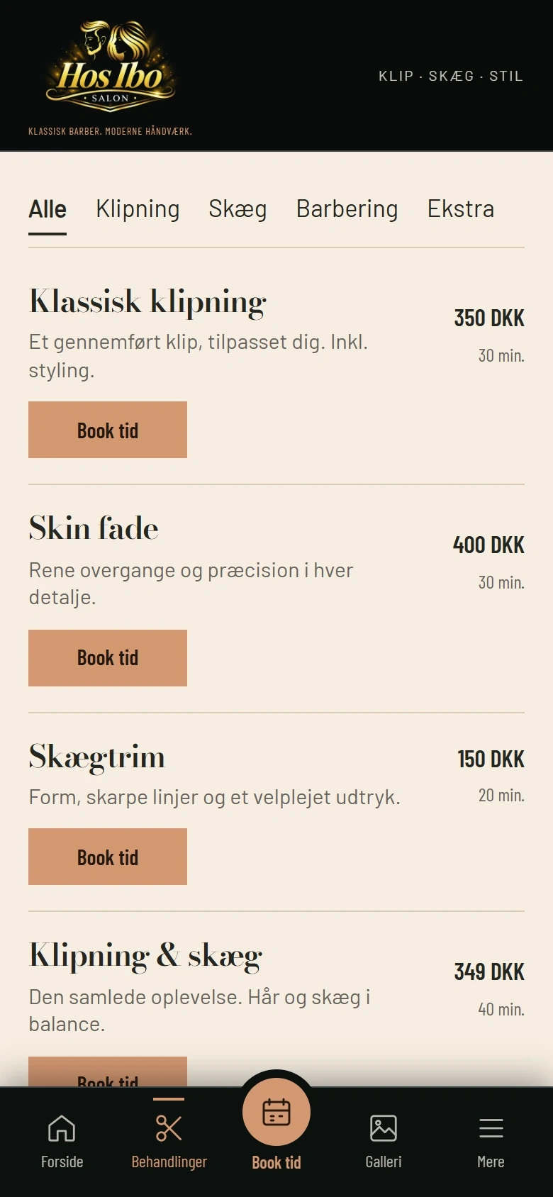 Prislisten på en mobil med kategorifiltre, priser, varighed og Book tid-knapper