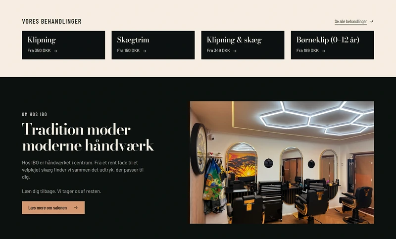 Behandlinger med priser og en sektion om salonen med et billede af interiøret