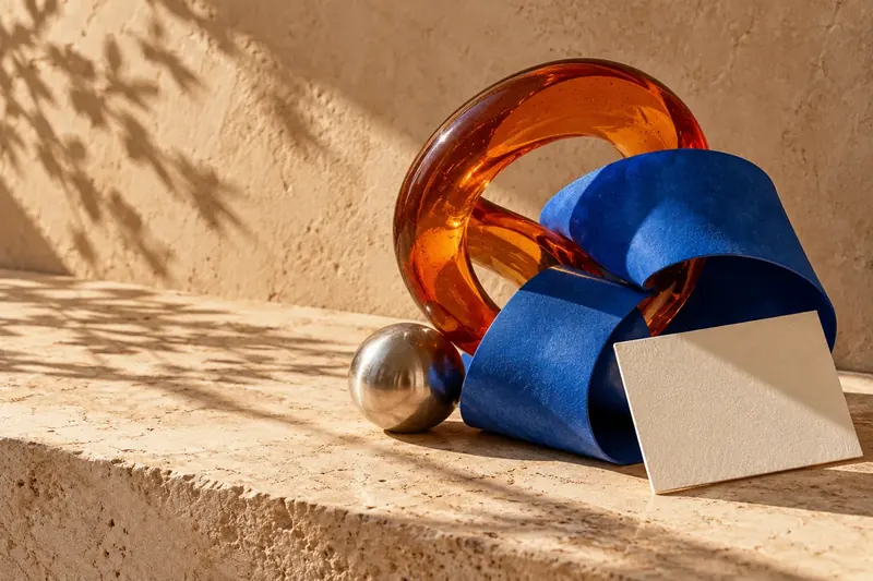 Skulptur af orange glas og blåt stof i varmt sollys mod en sandfarvet væg